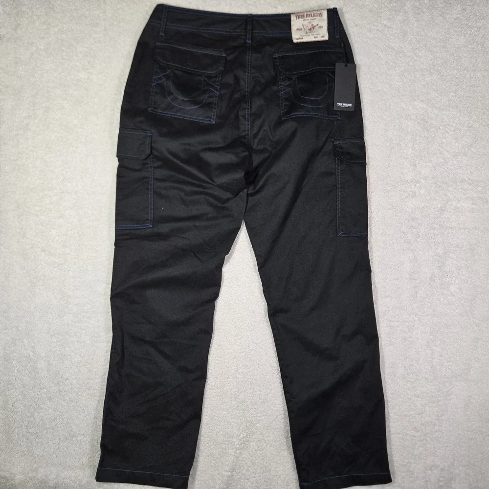 True Religion Mens 34x31 Cargo Pants Jet Black Pacific Blue Contrast Stitch $164